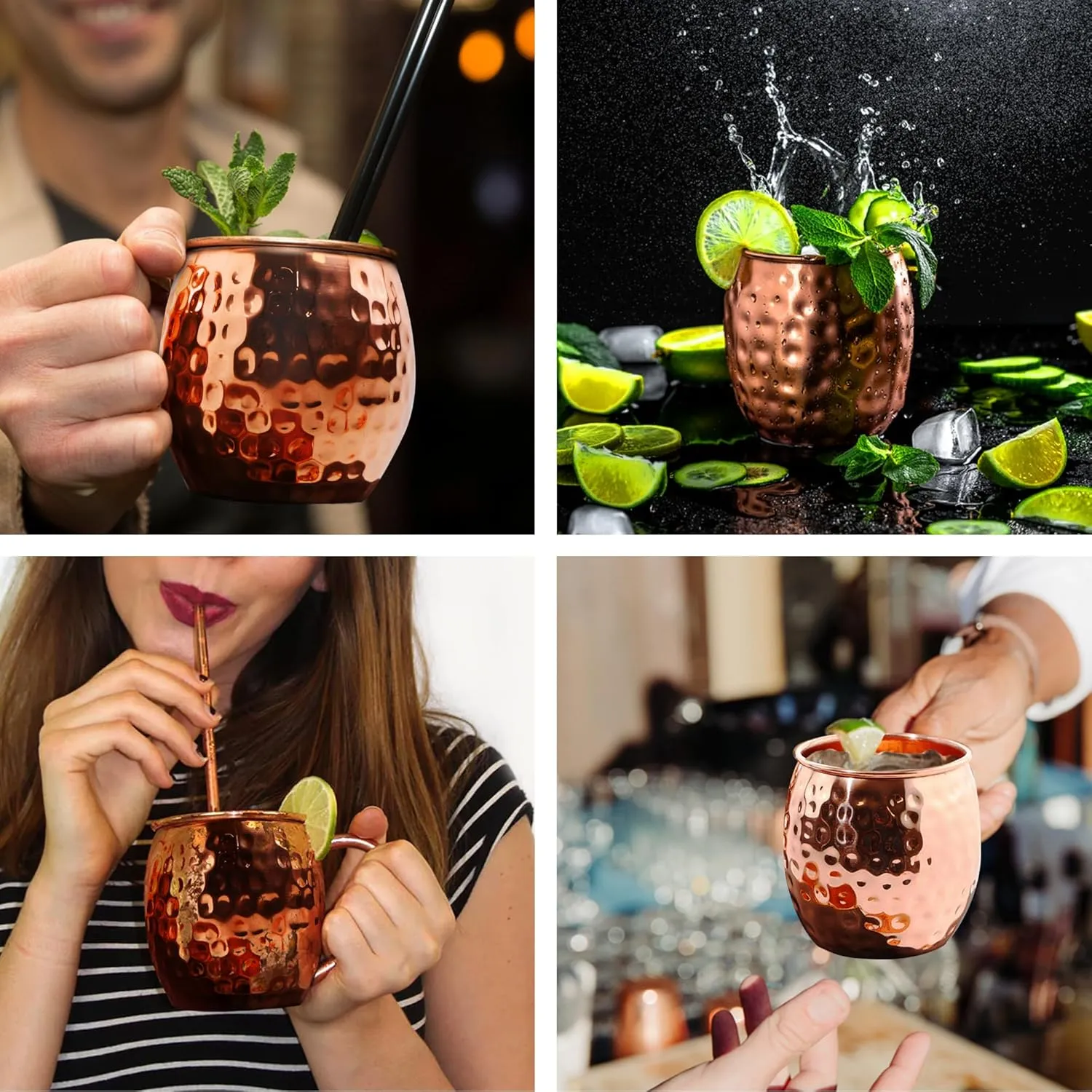 Moscow Mule Cups Set of 2 | 100% Pure Copper Plated 16 OZ Hammered Copper Cups with 304 Stainless Steel Lining and Brass Handles with 2X Straws and 1x Jigger For Cold Drinks, Beer, Wine, Bars, Parties