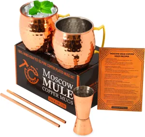 Moscow Mule Cups Set of 2 | 100% Pure Copper Plated 16 OZ Hammered Copper Cups with 304 Stainless Steel Lining and Brass Handles with 2X Straws and 1x Jigger For Cold Drinks, Beer, Wine, Bars, Parties