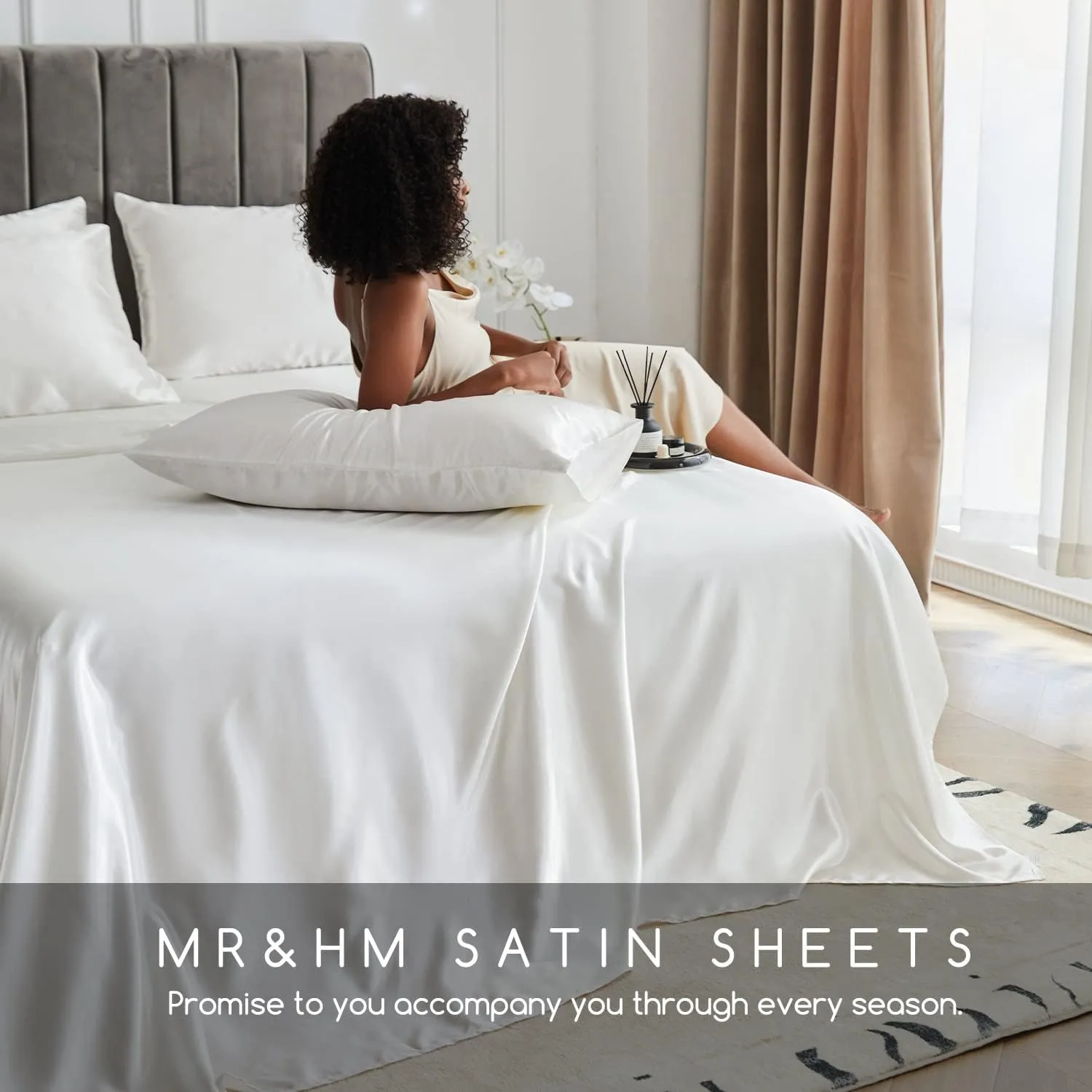 MR&HM Satin Bed Sheets, Queen Size Sheets Set, 4 Pcs Silky Bedding Set with 15 Inches Deep Pocket for Mattress (Queen, Ivory)