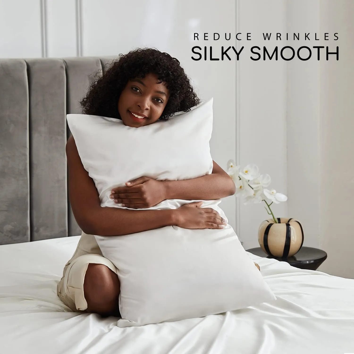 MR&HM Satin Bed Sheets, Queen Size Sheets Set, 4 Pcs Silky Bedding Set with 15 Inches Deep Pocket for Mattress (Queen, Ivory)
