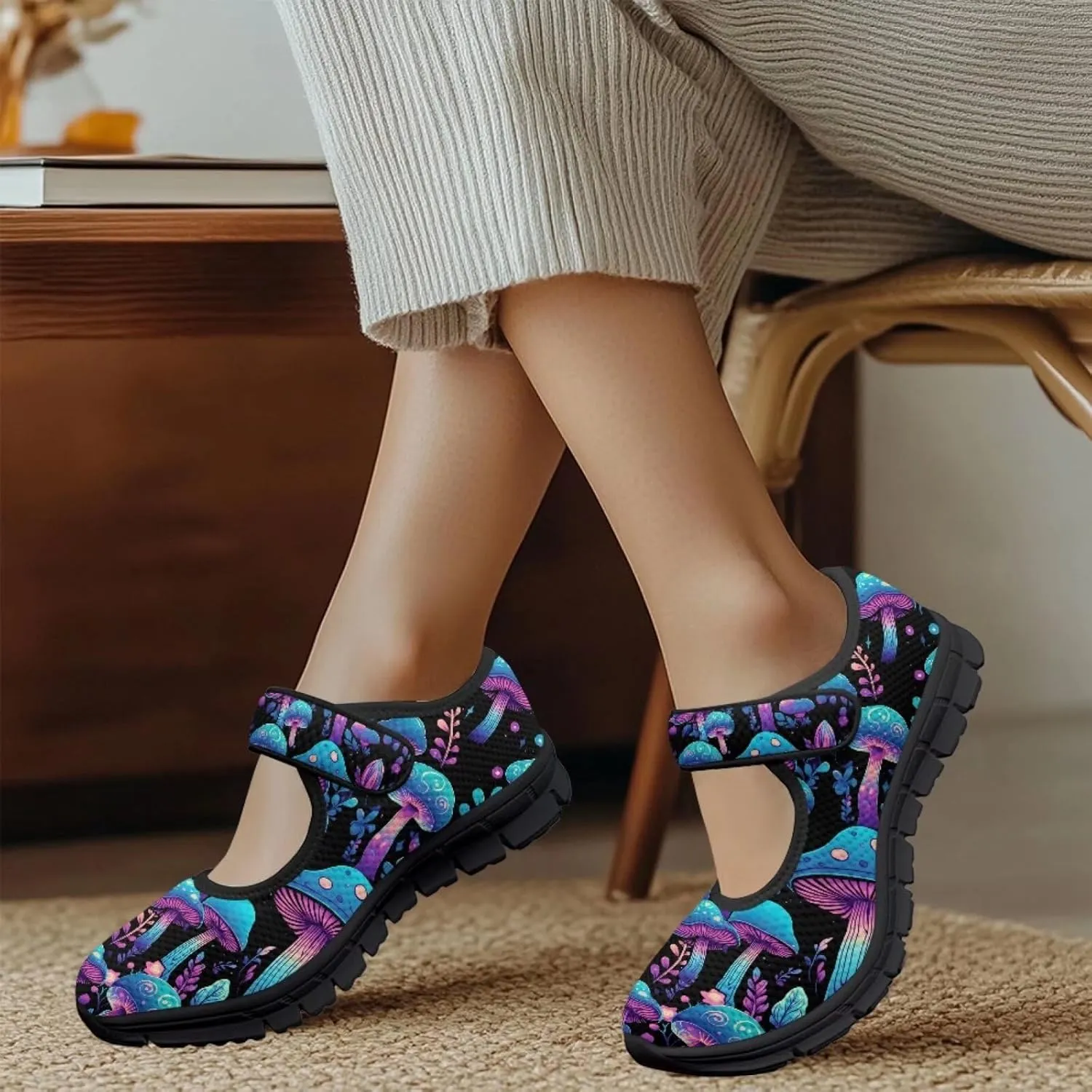 Mushroom Pattern Flat Casual Womens Shoes Breathable Slip On Adjustable Soft Diabetic Shoes for Neuropathy Comfort All Day Wear