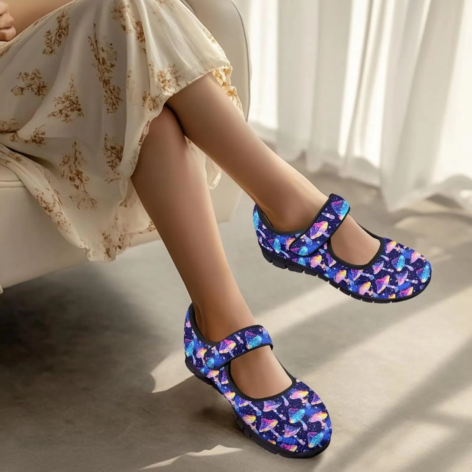 Mushroom Pattern Flat Casual Womens Shoes Breathable Slip On Adjustable Soft Diabetic Shoes for Neuropathy Comfort All Day Wear