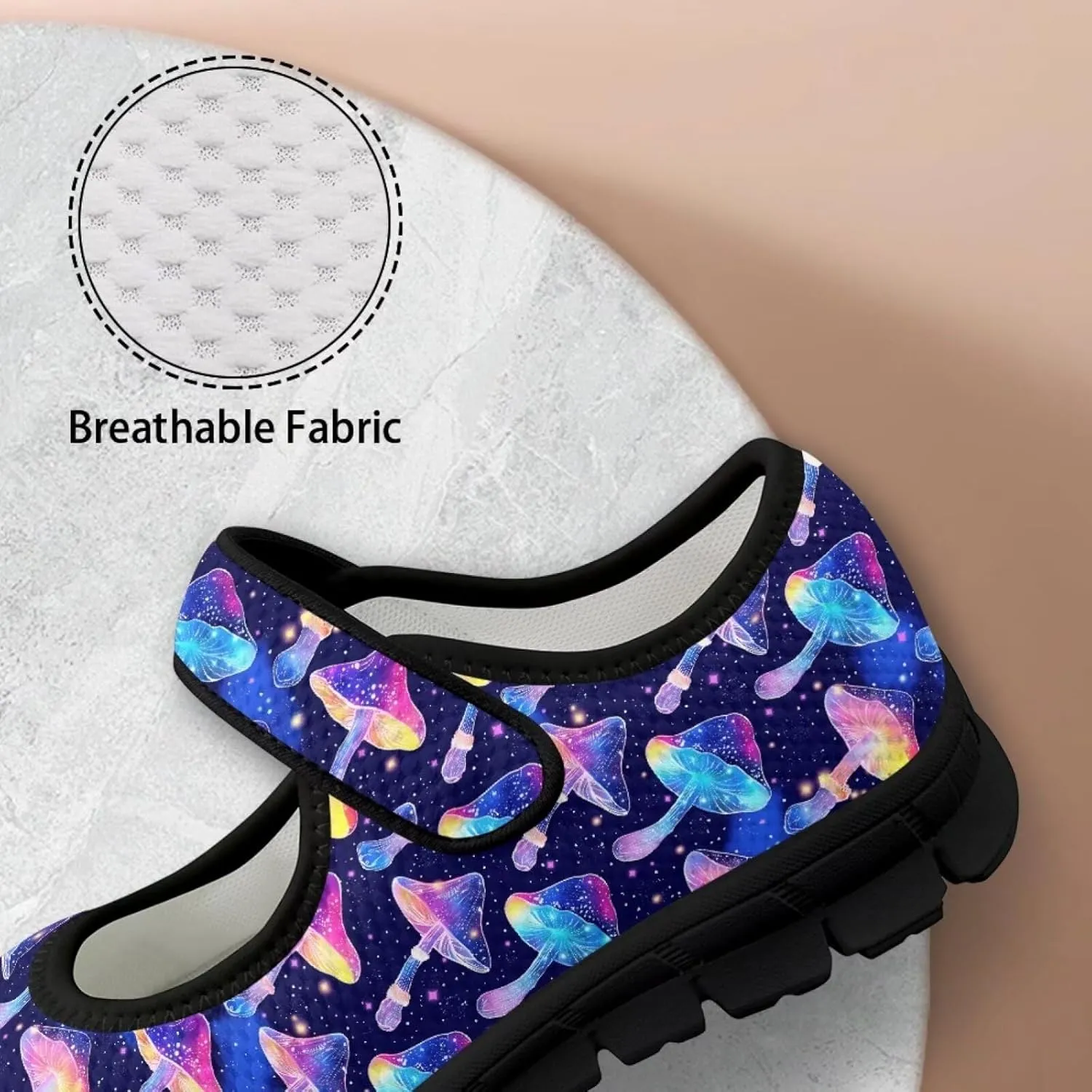 Mushroom Pattern Flat Casual Womens Shoes Breathable Slip On Adjustable Soft Diabetic Shoes for Neuropathy Comfort All Day Wear
