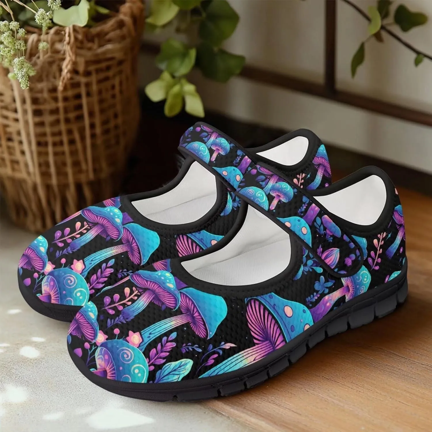 Mushroom Pattern Flat Casual Womens Shoes Breathable Slip On Adjustable Soft Diabetic Shoes for Neuropathy Comfort All Day Wear