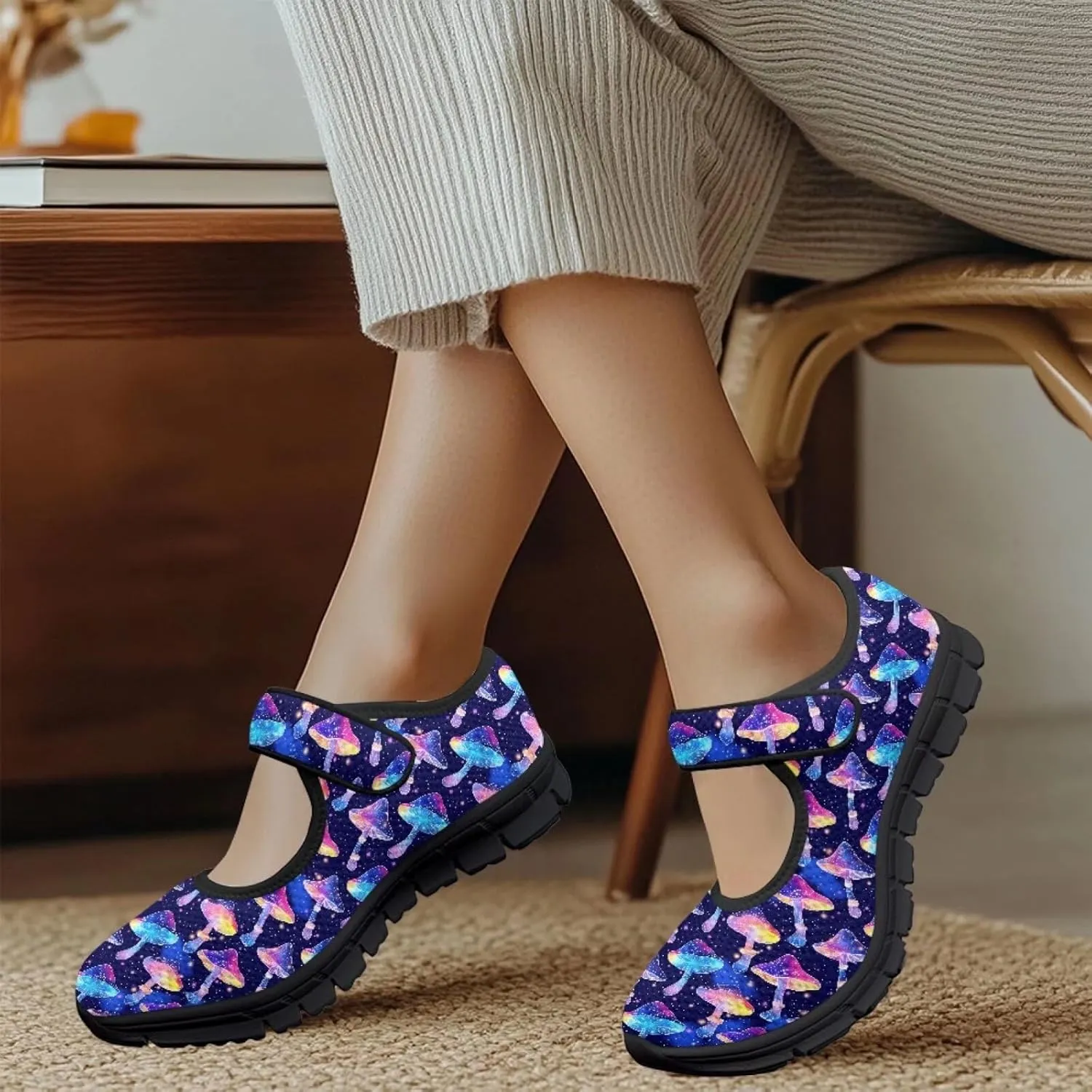 Mushroom Pattern Flat Casual Womens Shoes Breathable Slip On Adjustable Soft Diabetic Shoes for Neuropathy Comfort All Day Wear