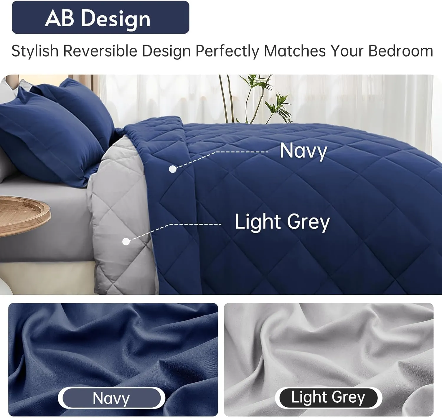 MUXHOMO 7 Pieces Queen Comforter Set, Reversible Bed in a Bag Queen Size, All Season Bedding Set with Comforter, Flat Sheet, Fitted Sheet, Pillowcases & Shams, Navy & Light Grey
