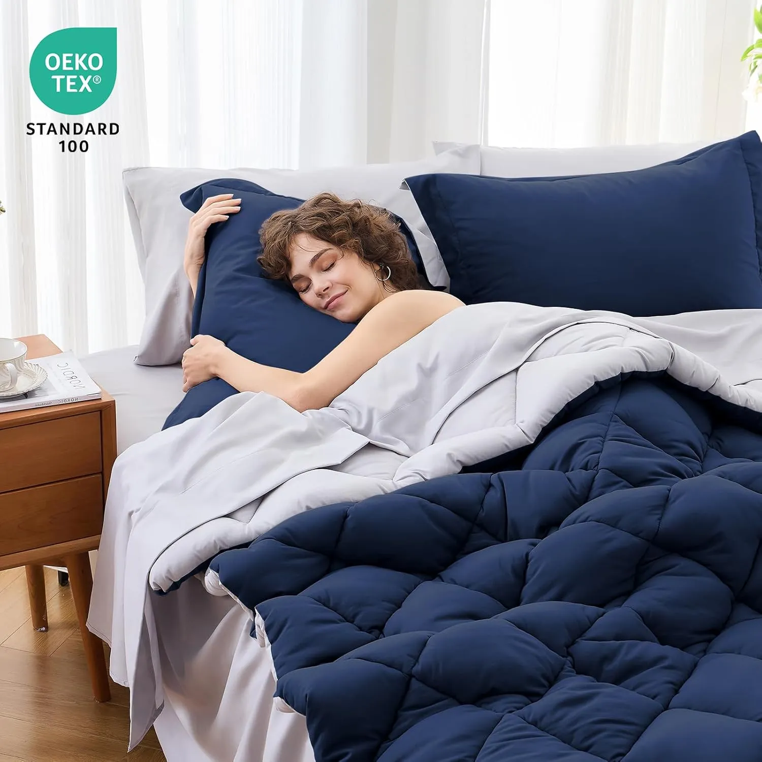 MUXHOMO 7 Pieces Queen Comforter Set, Reversible Bed in a Bag Queen Size, All Season Bedding Set with Comforter, Flat Sheet, Fitted Sheet, Pillowcases & Shams, Navy & Light Grey