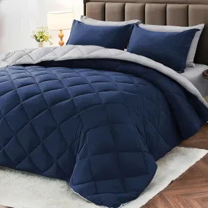 MUXHOMO 7 Pieces Queen Comforter Set, Reversible Bed in a Bag Queen Size, All Season Bedding Set with Comforter, Flat Sheet, Fitted Sheet, Pillowcases & Shams, Navy & Light Grey