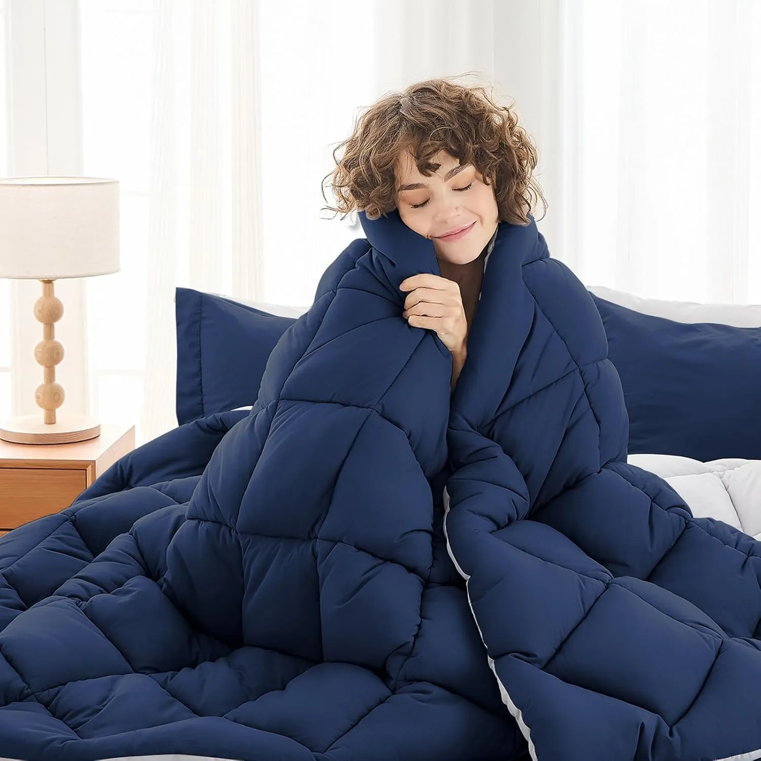 MUXHOMO 7 Pieces Queen Comforter Set, Reversible Bed in a Bag Queen Size, All Season Bedding Set with Comforter, Flat Sheet, Fitted Sheet, Pillowcases & Shams, Navy & Light Grey