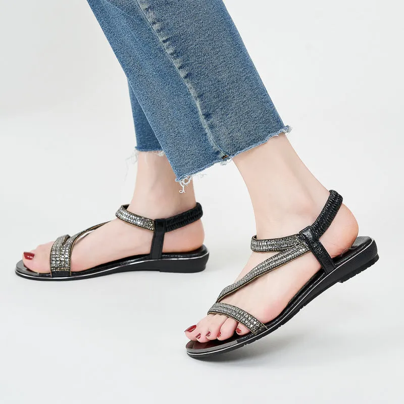 Nanccy Comfortable Flat Bottom Rhinestone Sandals
