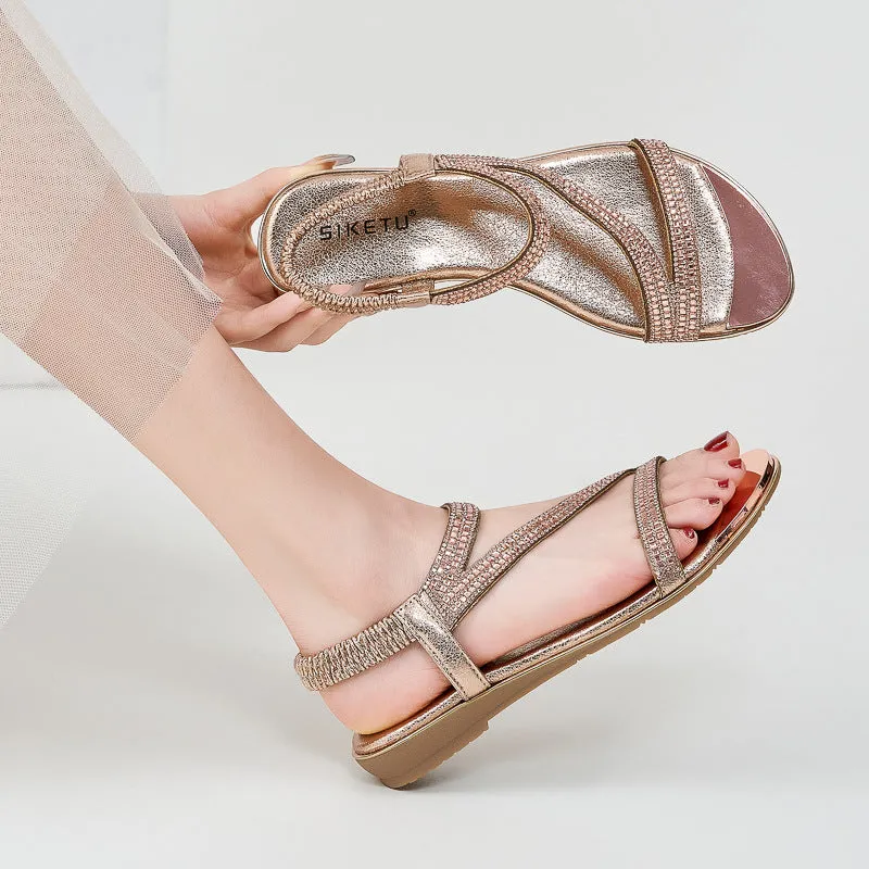Nanccy Comfortable Flat Bottom Rhinestone Sandals
