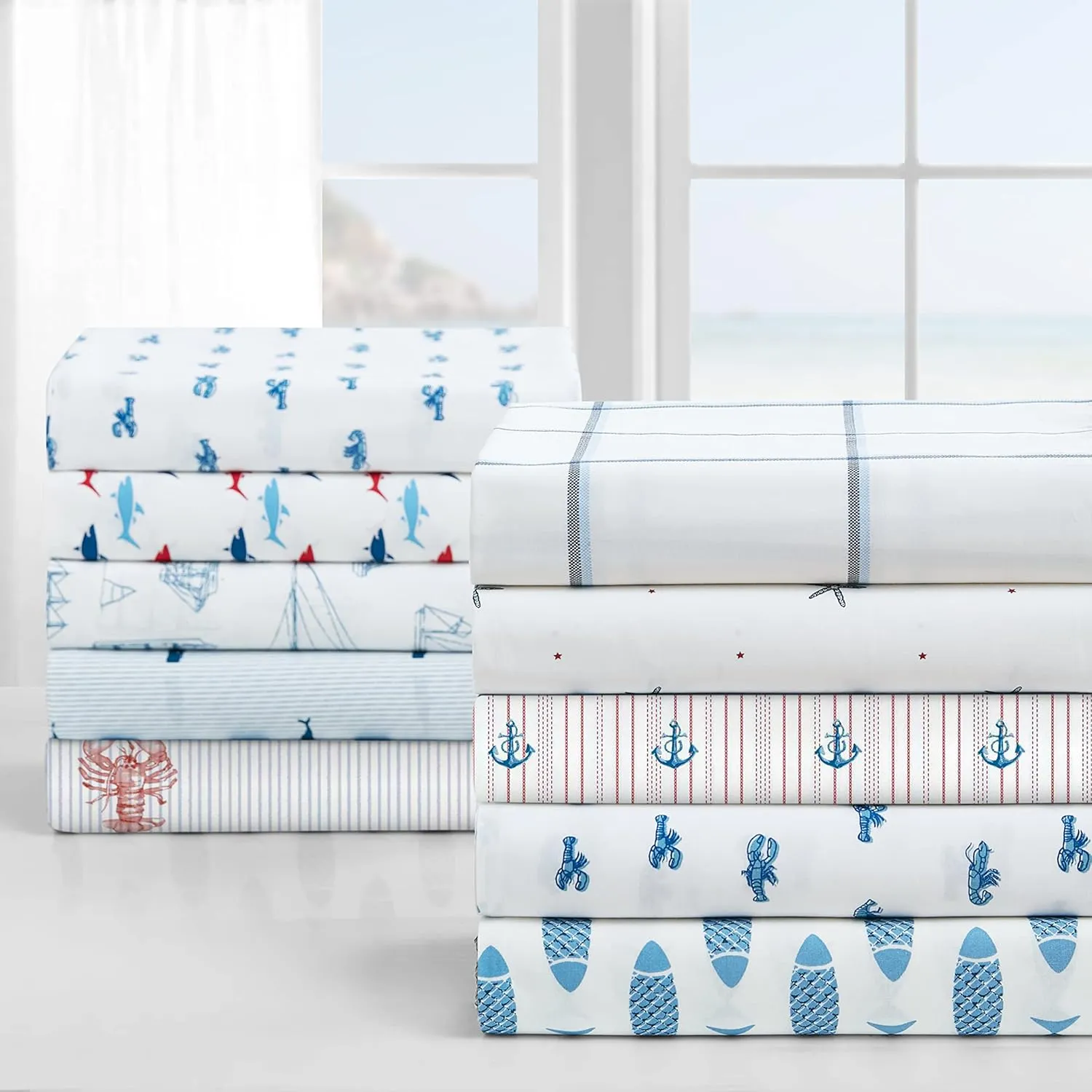 Nautica - 4PCS,Queen Sheet Set, Cotton Percale Bedding Set, Crisp & Cool, Lightweight & Breathable (Whale Stripe Blue, Queen)
