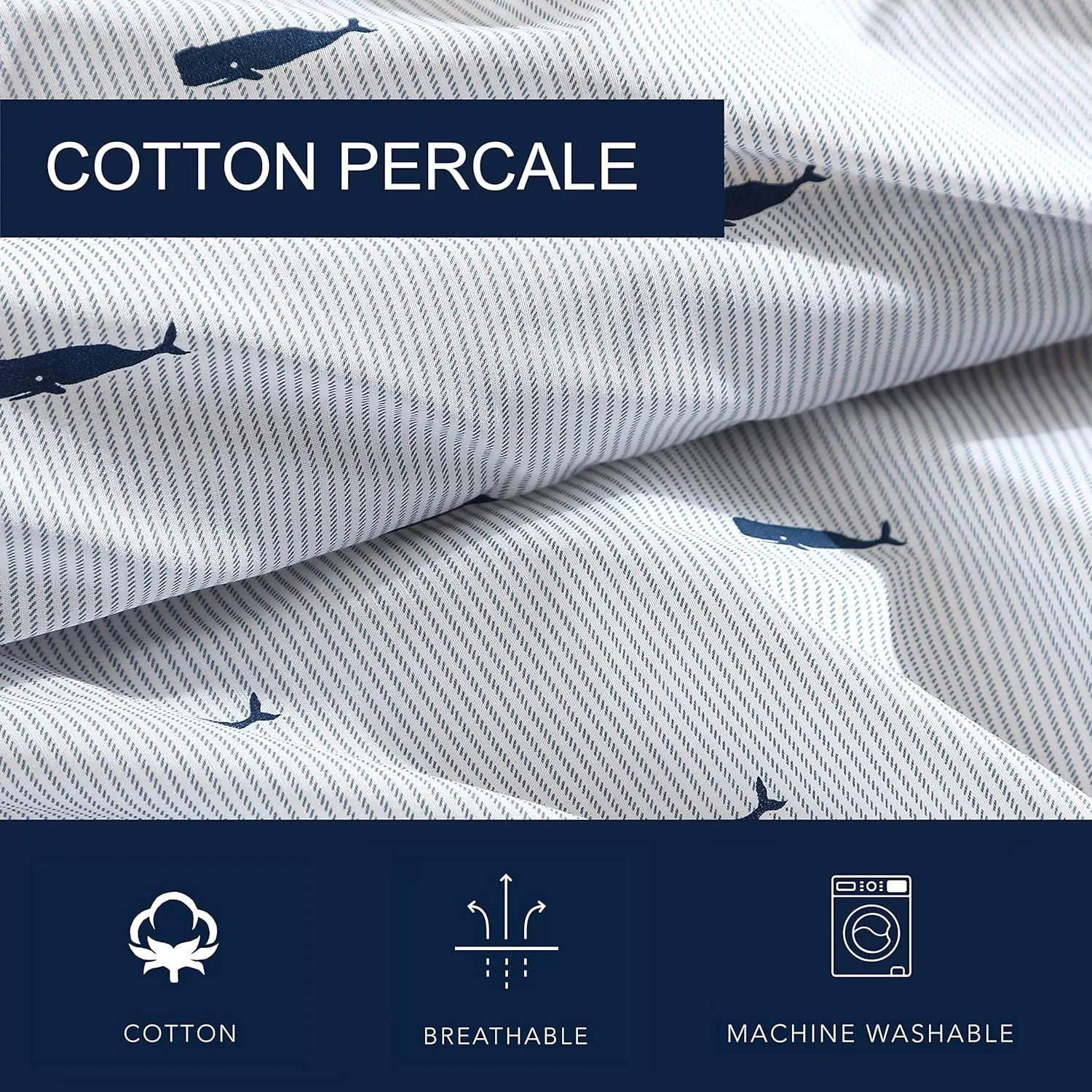 Nautica - 4PCS,Queen Sheet Set, Cotton Percale Bedding Set, Crisp & Cool, Lightweight & Breathable (Whale Stripe Blue, Queen)
