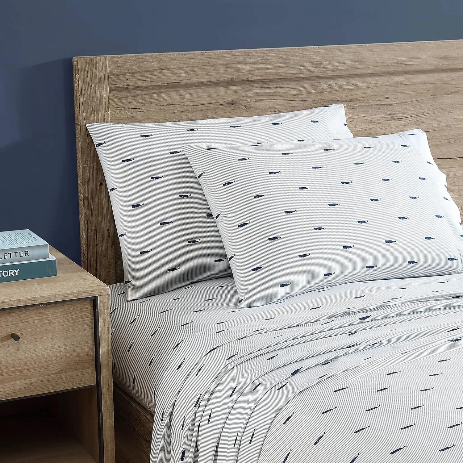 Nautica - 4PCS,Queen Sheet Set, Cotton Percale Bedding Set, Crisp & Cool, Lightweight & Breathable (Whale Stripe Blue, Queen)