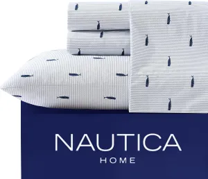 Nautica - 4PCS,Queen Sheet Set, Cotton Percale Bedding Set, Crisp & Cool, Lightweight & Breathable (Whale Stripe Blue, Queen)