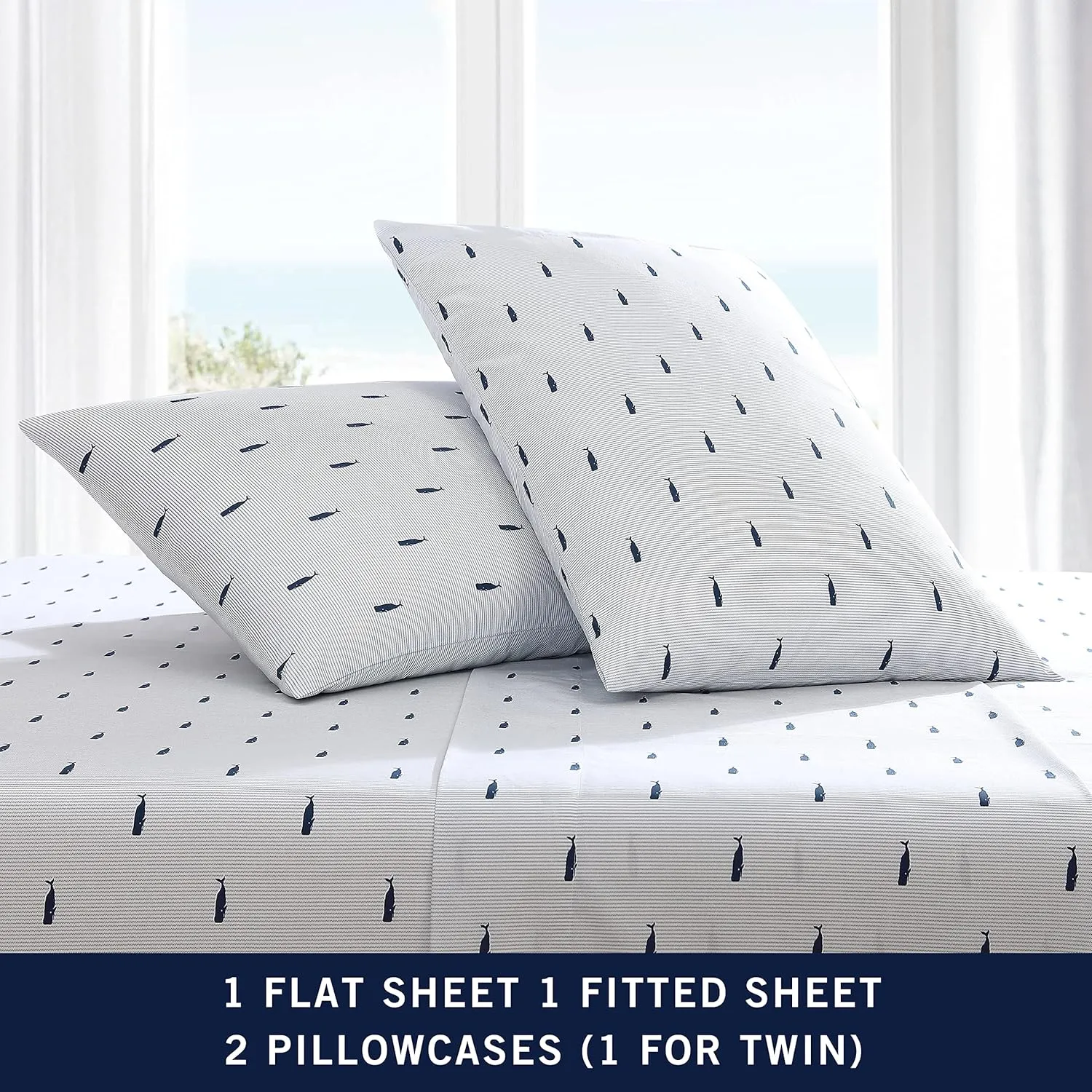 Nautica - 4PCS,Queen Sheet Set, Cotton Percale Bedding Set, Crisp & Cool, Lightweight & Breathable (Whale Stripe Blue, Queen)