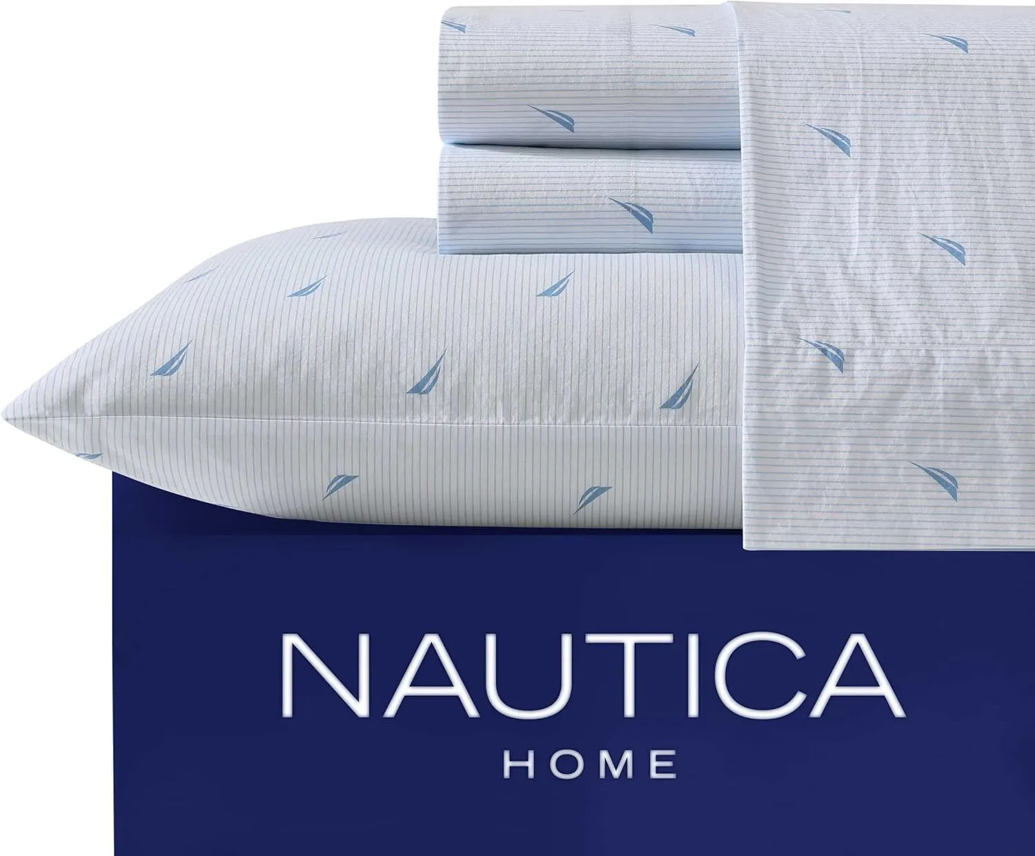 Nautica - Full Sheets, Cotton Percale Bedding Set, Casual Home Decor (Boat Stripe Pale Blue, Full)