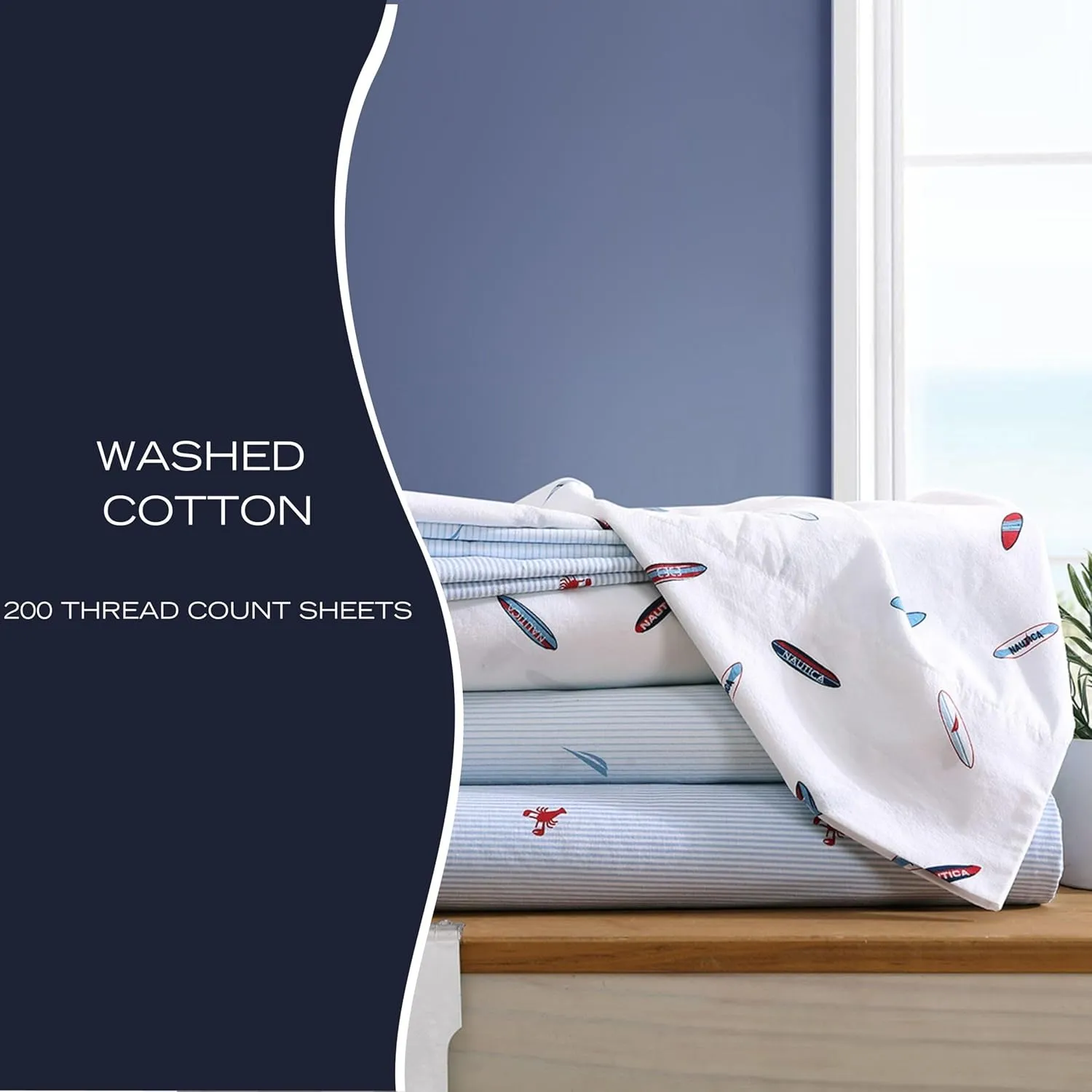 Nautica - Full Sheets, Cotton Percale Bedding Set, Casual Home Decor (Boat Stripe Pale Blue, Full)
