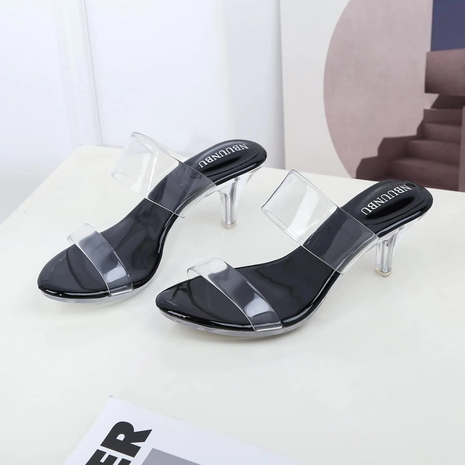 NBUUNBU Clear Heels for Women Silver Black Heels Little Platform Sexy High Heels Sandals Stiletto Kitten Open Toe Dress Shoes Comfortable Double Transparent Strap Heeled Sandals Mule