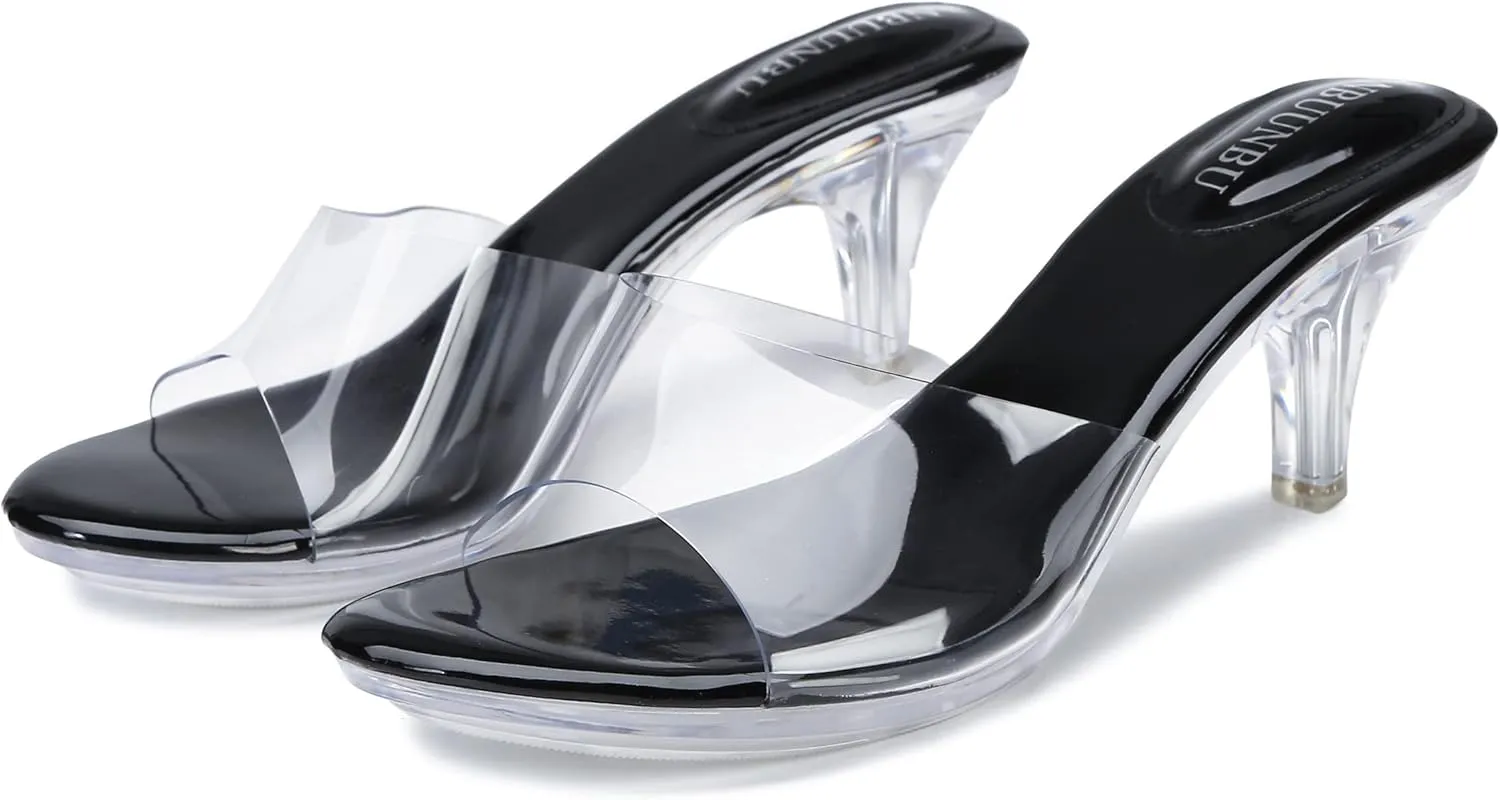 NBUUNBU Clear Heels for Women Silver Black Heels Little Platform Sexy High Heels Sandals Stiletto Kitten Open Toe Dress Shoes Comfortable Double Transparent Strap Heeled Sandals Mule