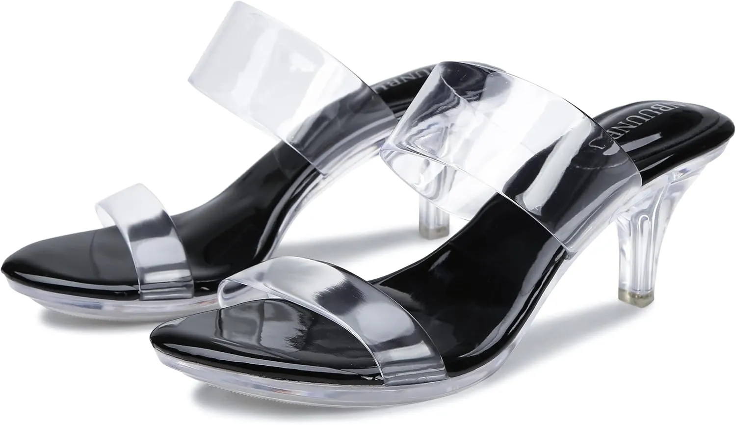 NBUUNBU Clear Heels for Women Silver Black Heels Little Platform Sexy High Heels Sandals Stiletto Kitten Open Toe Dress Shoes Comfortable Double Transparent Strap Heeled Sandals Mule