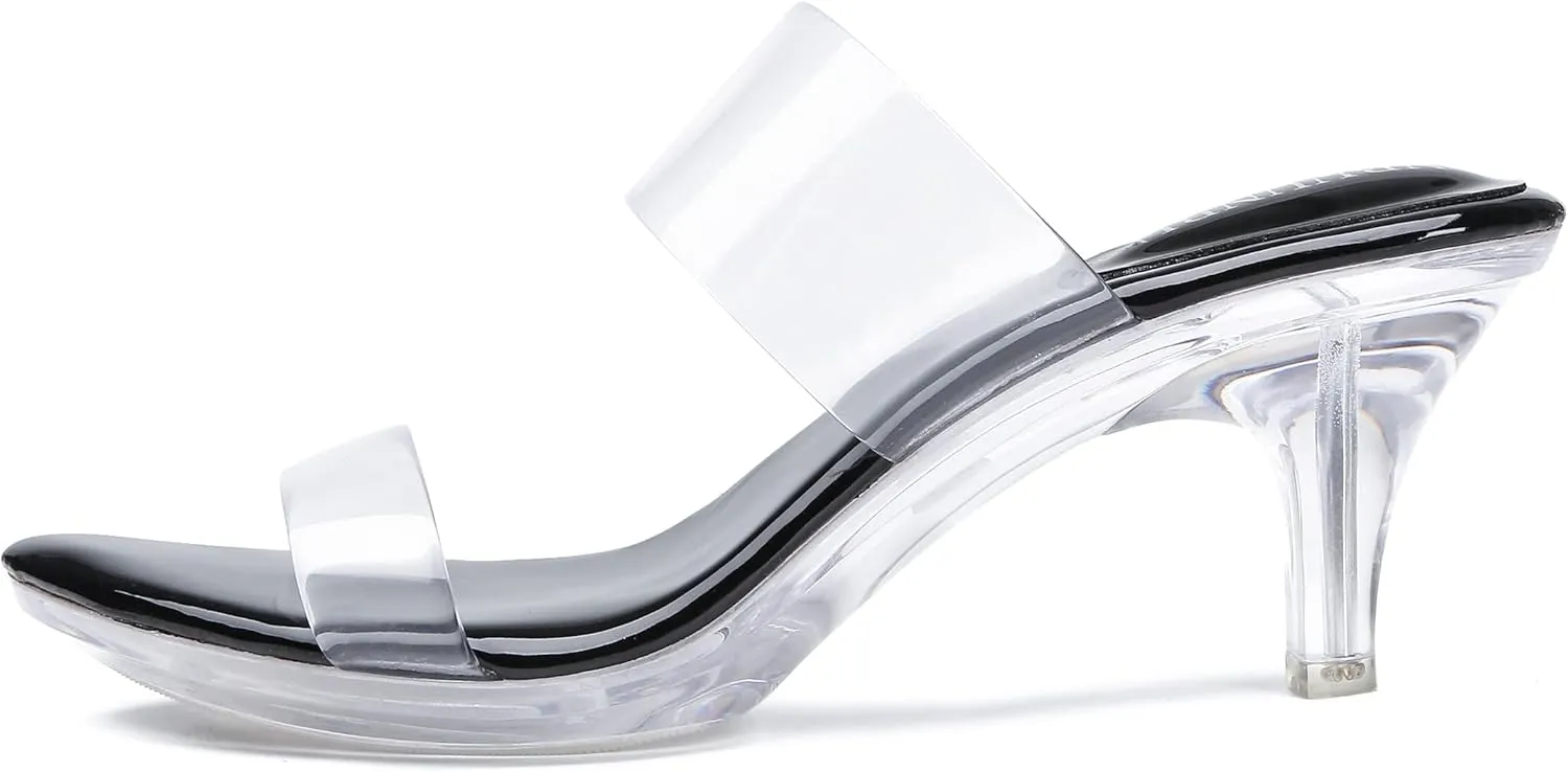 NBUUNBU Clear Heels for Women Silver Black Heels Little Platform Sexy High Heels Sandals Stiletto Kitten Open Toe Dress Shoes Comfortable Double Transparent Strap Heeled Sandals Mule