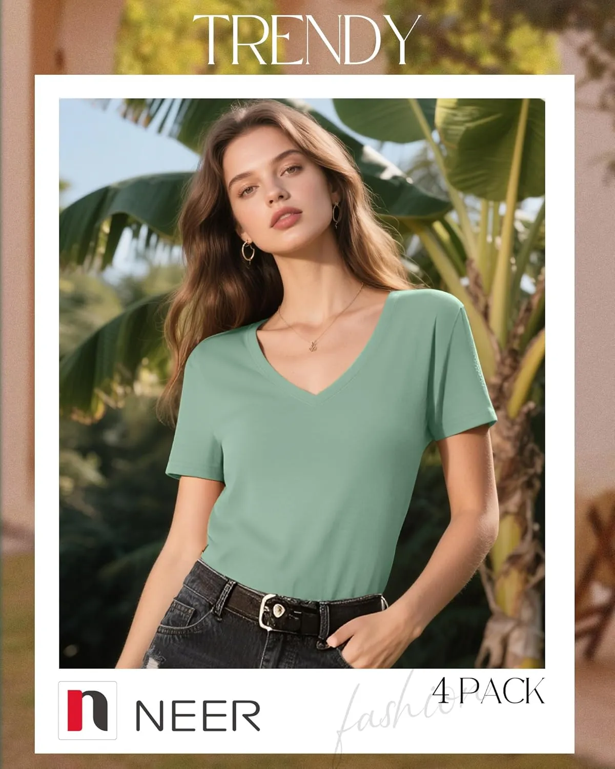 Neer 4 Pack Women's V Neck T-Shirts Summer Short Sleeve Casual Tops Loose Fit Flat Hem Basic Tees