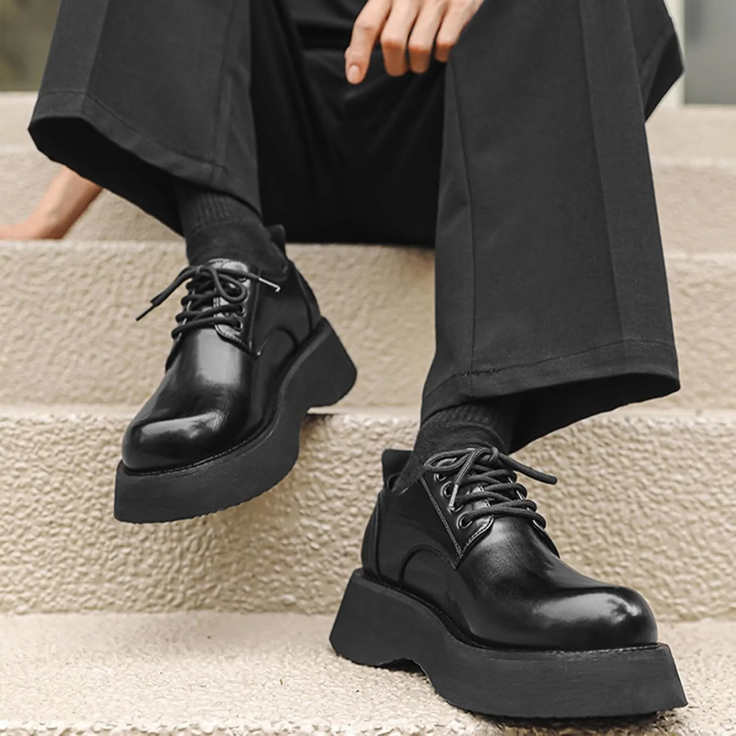 NELSBREXMen'S Leather Chunky Platform Formal Oxford Shoes Retro Round Toe Non-Slip Classic Lace-Up Chunky Wedge Heel Dress Derby Shoes Business Work Wedding Shoes