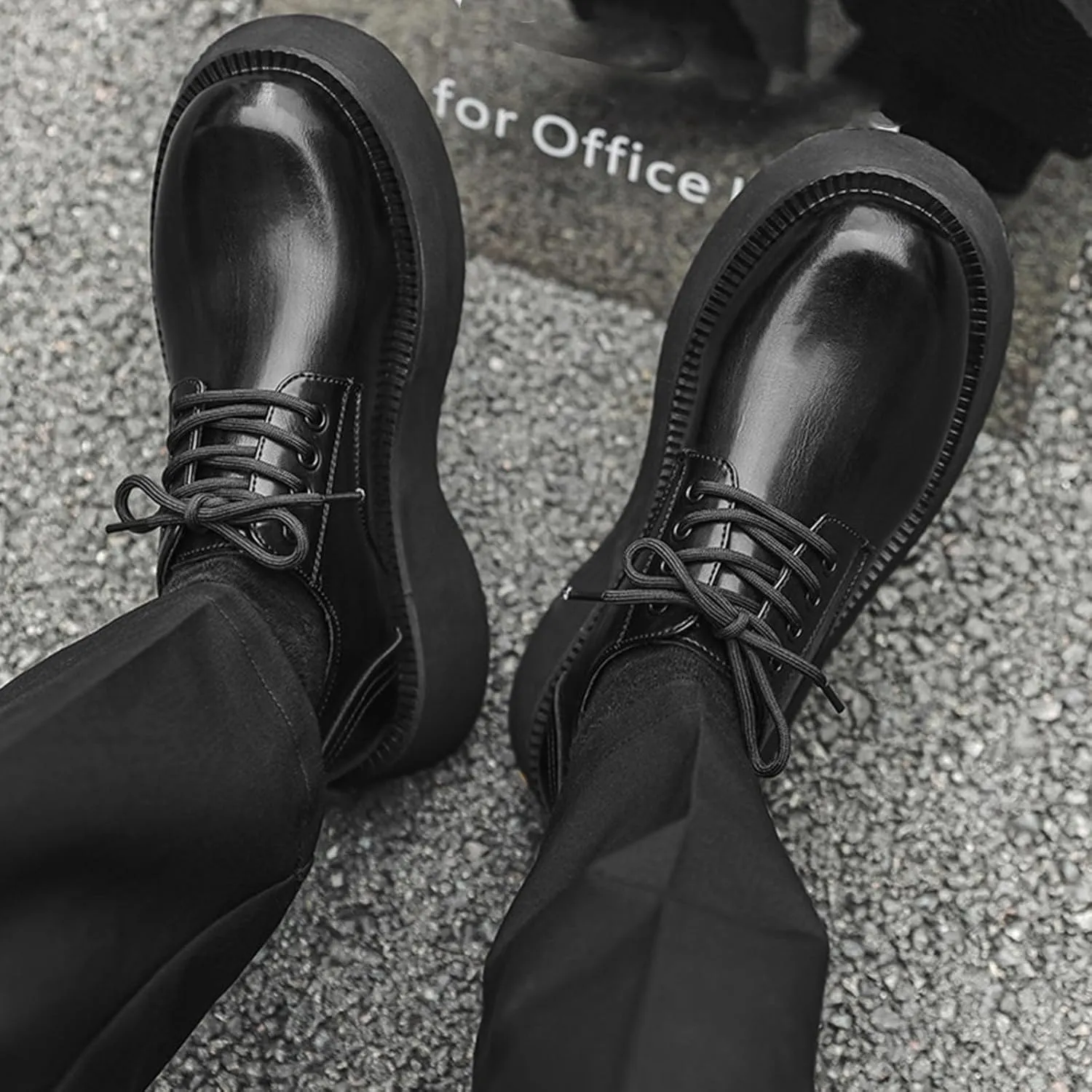 NELSBREXMen'S Leather Chunky Platform Formal Oxford Shoes Retro Round Toe Non-Slip Classic Lace-Up Chunky Wedge Heel Dress Derby Shoes Business Work Wedding Shoes