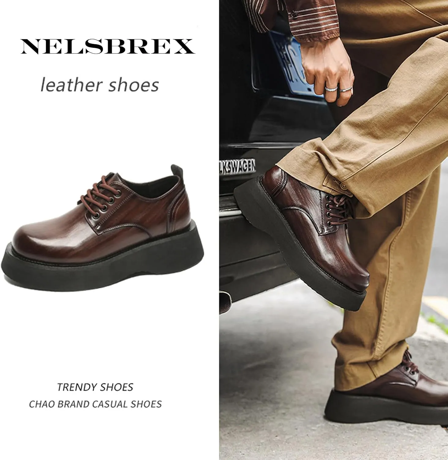NELSBREXMen'S Leather Chunky Platform Formal Oxford Shoes Retro Round Toe Non-Slip Classic Lace-Up Chunky Wedge Heel Dress Derby Shoes Business Work Wedding Shoes