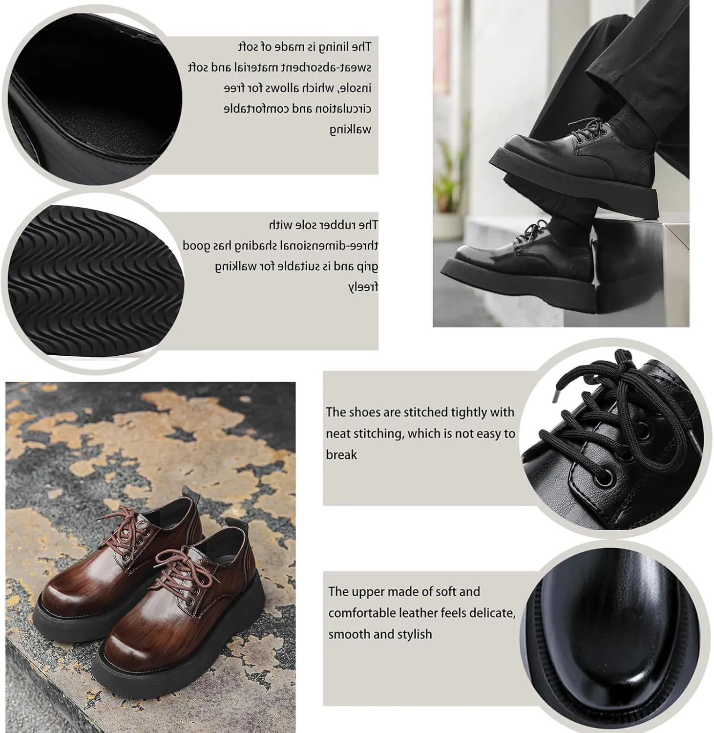 NELSBREXMen'S Leather Chunky Platform Formal Oxford Shoes Retro Round Toe Non-Slip Classic Lace-Up Chunky Wedge Heel Dress Derby Shoes Business Work Wedding Shoes