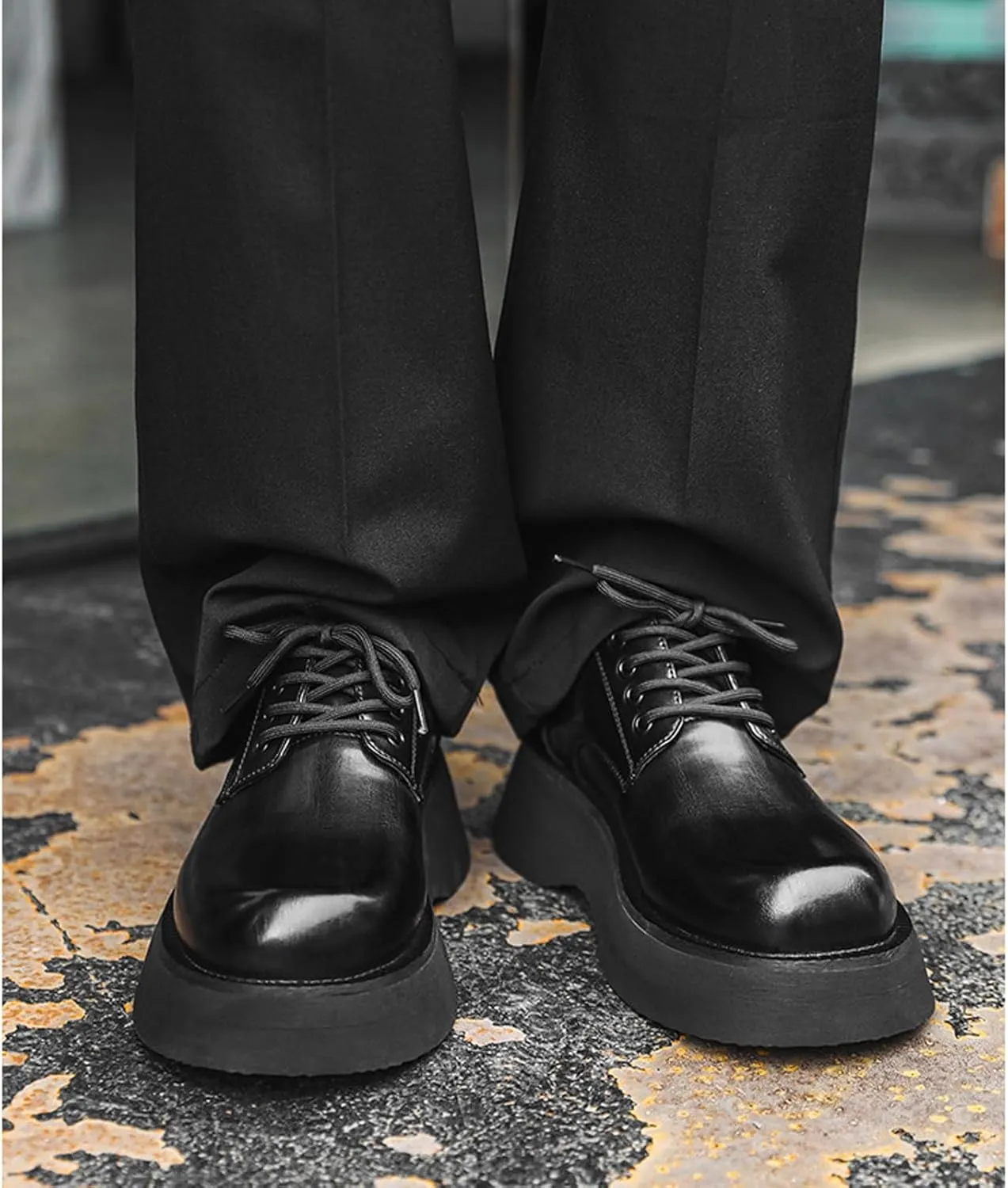 NELSBREXMen'S Leather Chunky Platform Formal Oxford Shoes Retro Round Toe Non-Slip Classic Lace-Up Chunky Wedge Heel Dress Derby Shoes Business Work Wedding Shoes