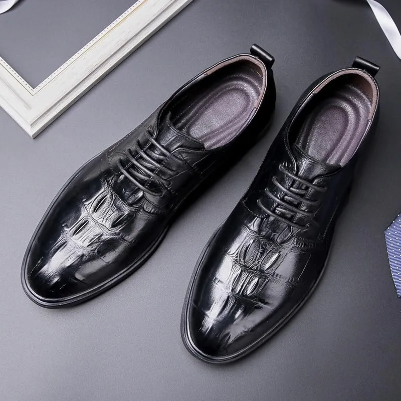 New Dress Shoes for Men Lace Up Round Toe Genuine Leather Solid Color Derby Shoes Non Slip Anti-slip Slip Resistant Block Heel Rubber Sole Business