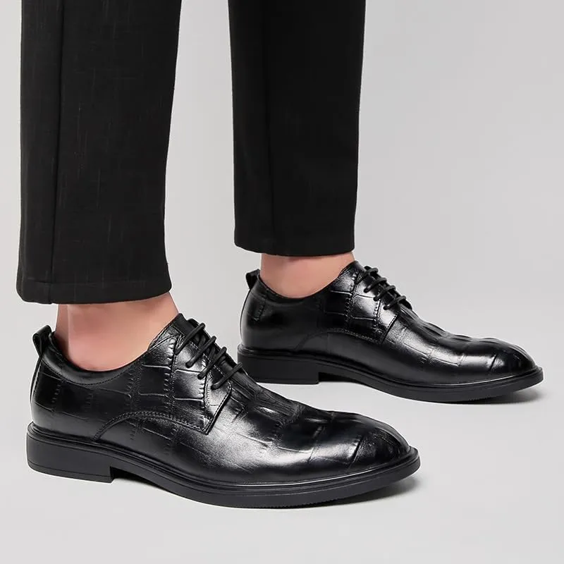 New Dress Shoes for Men Lace Up Round Toe Genuine Leather Solid Color Derby Shoes Non Slip Anti-slip Slip Resistant Block Heel Rubber Sole Business