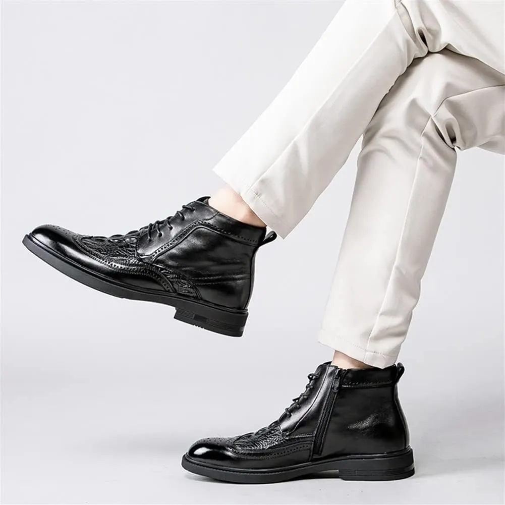 New Lace Up Round Toe Boots For Men Derby Burnished Toe Carved Brogue Win Tip Cowhide Leather Anti-slip Slip Resistant Wearable Stylish Classic Fashion