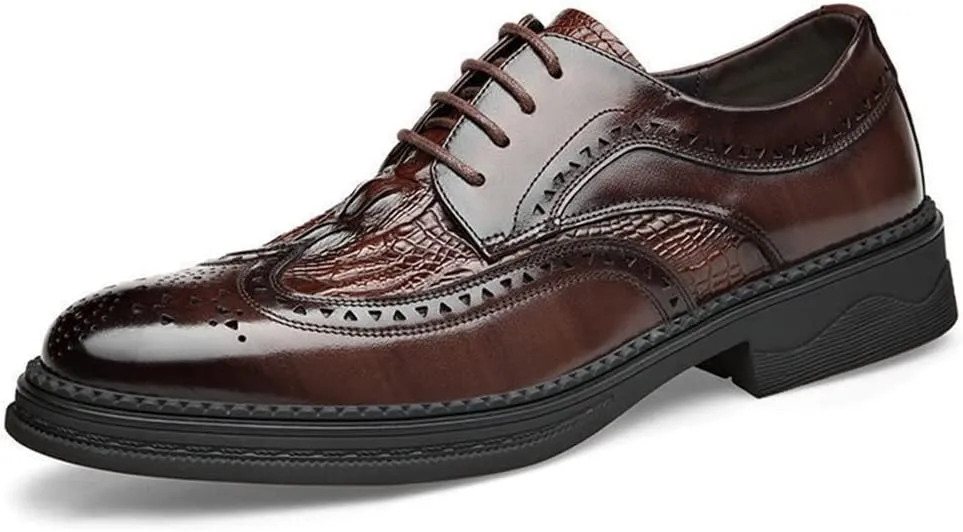 New Oxford Shoes for Men Lace Up Derby Shoes Brogue Embossed Wing tip Crocodile Embossed Leather Non Slip Block Heel Rubber Sole Low Top Party