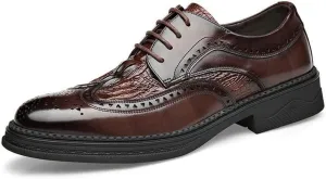 New Oxford Shoes for Men Lace Up Derby Shoes Brogue Embossed Wing tip Crocodile Embossed Leather Non Slip Block Heel Rubber Sole Low Top Party