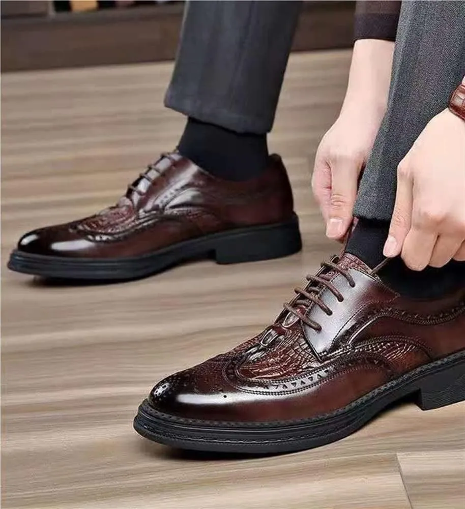 New Oxford Shoes for Men Lace Up Derby Shoes Brogue Embossed Wing tip Crocodile Embossed Leather Non Slip Block Heel Rubber Sole Low Top Party