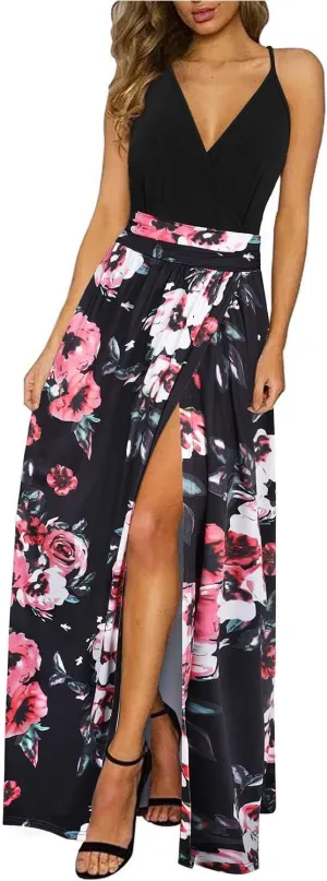Newshows Women Summer 2025 Maxi Dress Vacation Floral Spaghetti Strap Spring Casual Boho Split Beach Long Flowy Sundress