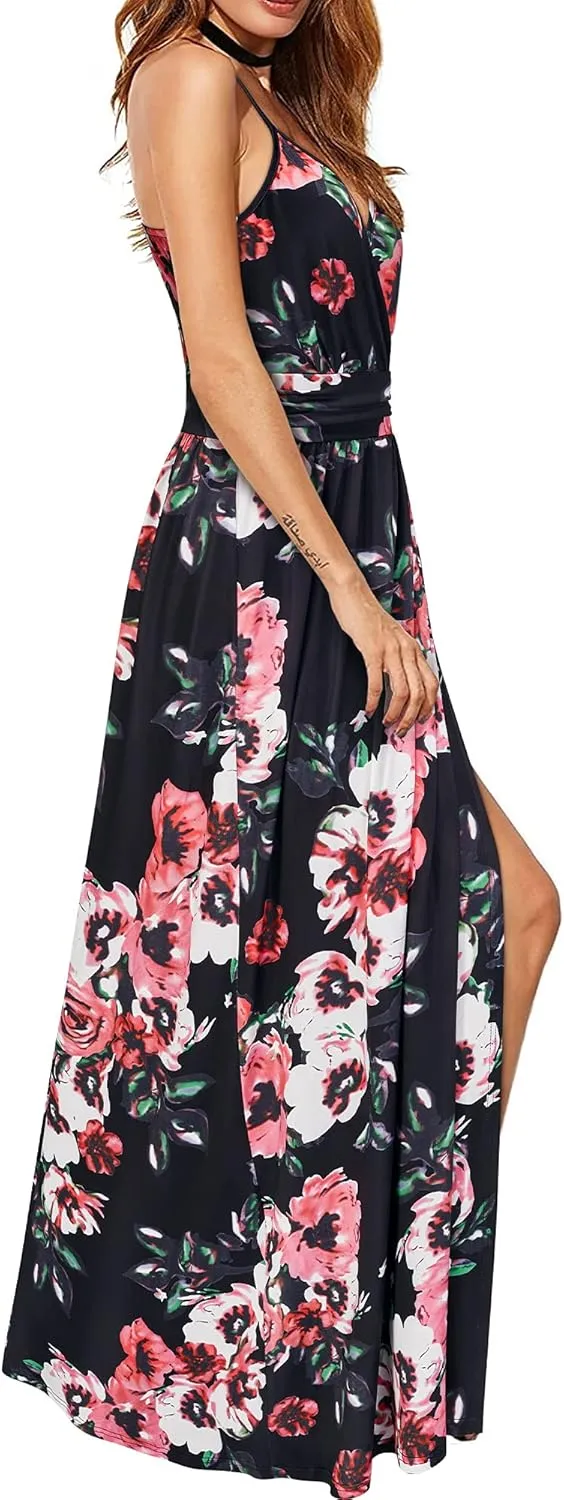 Newshows Women Summer 2025 Maxi Dress Vacation Floral Spaghetti Strap Spring Casual Boho Split Beach Long Flowy Sundress