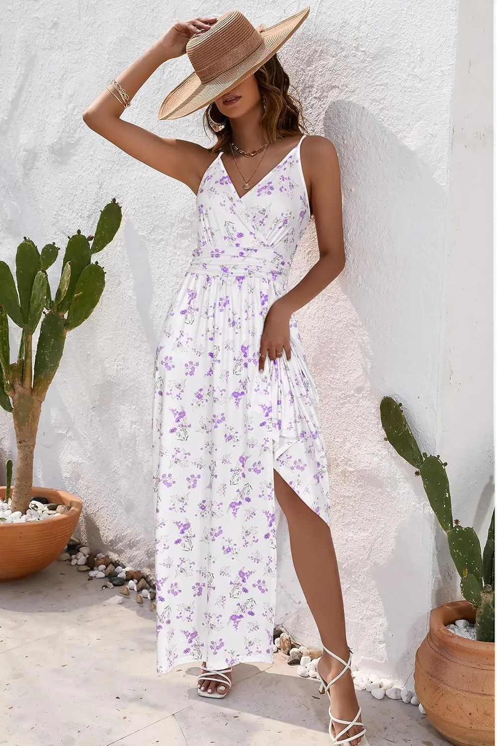 Newshows Women Summer 2025 Maxi Dress Vacation Floral Spaghetti Strap Spring Casual Boho Split Beach Long Flowy Sundress