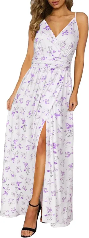 Newshows Women Summer 2025 Maxi Dress Vacation Floral Spaghetti Strap Spring Casual Boho Split Beach Long Flowy Sundress