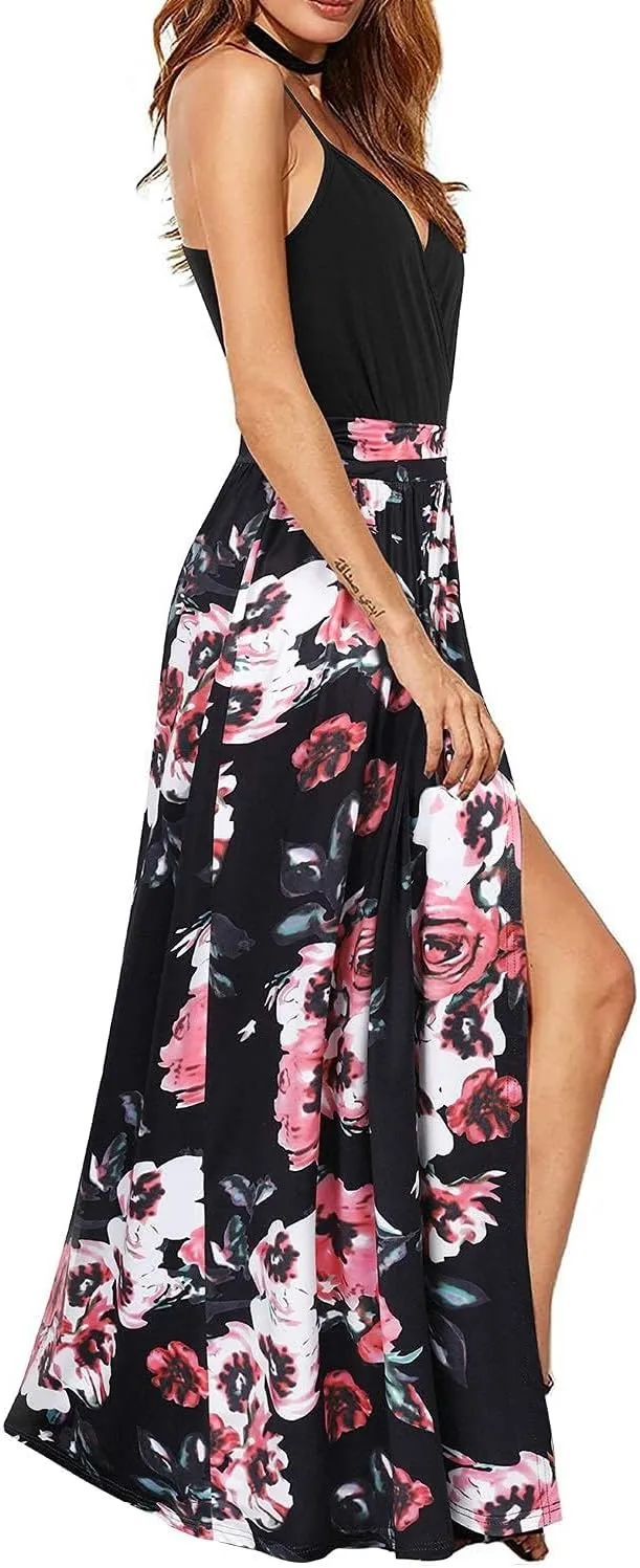 Newshows Women Summer 2025 Maxi Dress Vacation Floral Spaghetti Strap Spring Casual Boho Split Beach Long Flowy Sundress