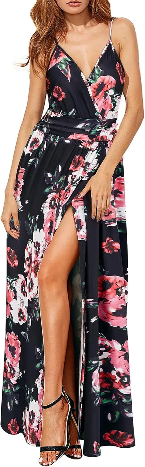 Newshows Women Summer 2025 Maxi Dress Vacation Floral Spaghetti Strap Spring Casual Boho Split Beach Long Flowy Sundress