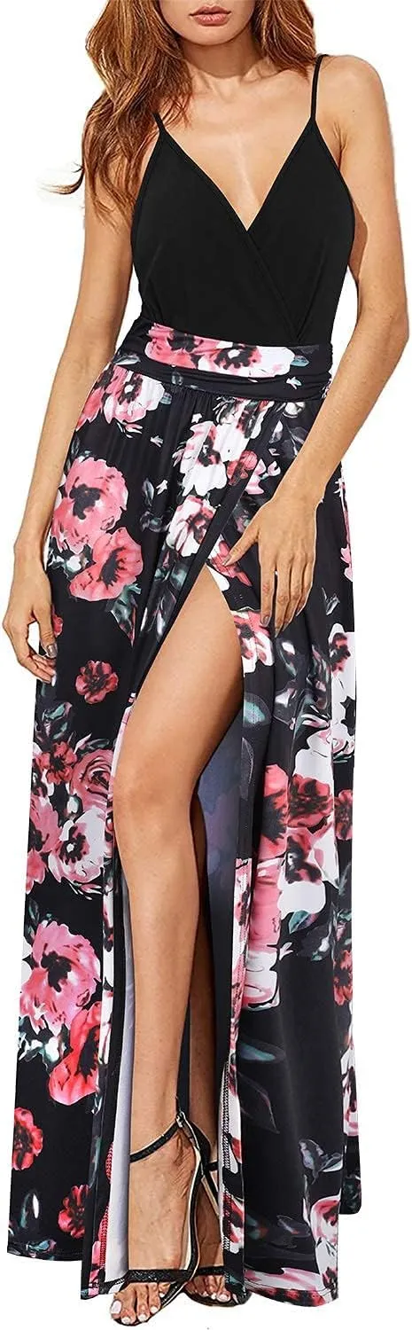 Newshows Women Summer 2025 Maxi Dress Vacation Floral Spaghetti Strap Spring Casual Boho Split Beach Long Flowy Sundress