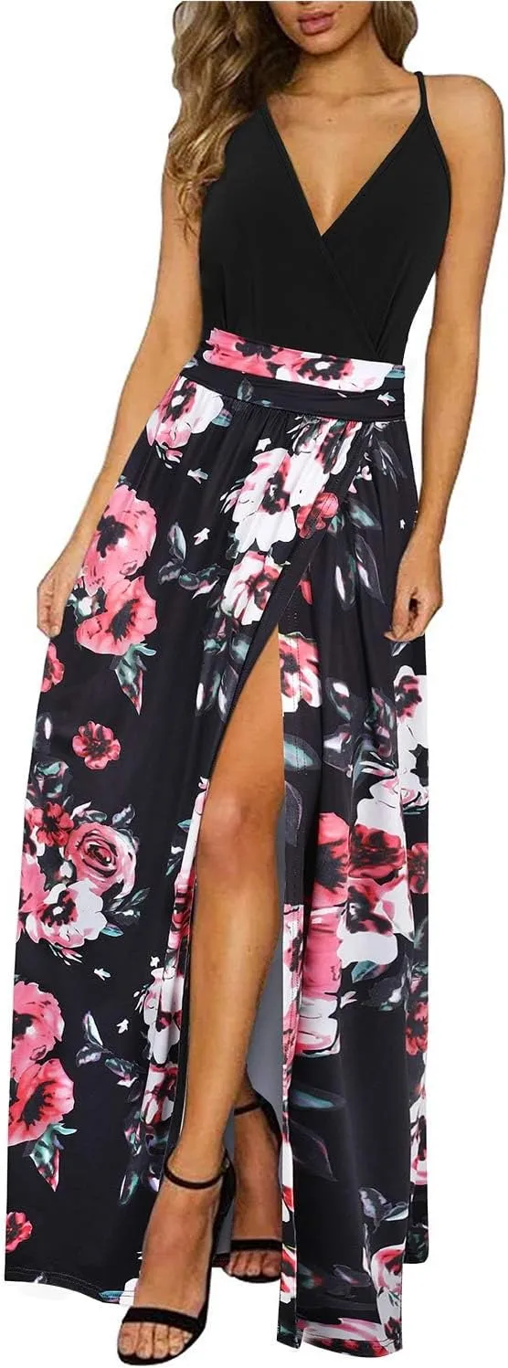 Newshows Women Summer 2025 Maxi Dress Vacation Floral Spaghetti Strap Spring Casual Boho Split Beach Long Flowy Sundress