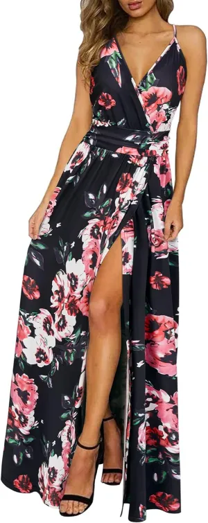 Newshows Women Summer 2025 Maxi Dress Vacation Floral Spaghetti Strap Spring Casual Boho Split Beach Long Flowy Sundress
