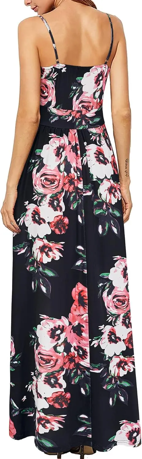 Newshows Women Summer 2025 Maxi Dress Vacation Floral Spaghetti Strap Spring Casual Boho Split Beach Long Flowy Sundress
