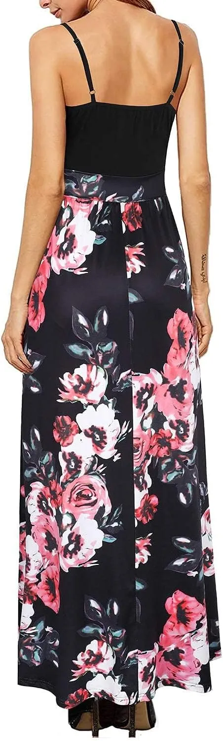 Newshows Women Summer 2025 Maxi Dress Vacation Floral Spaghetti Strap Spring Casual Boho Split Beach Long Flowy Sundress