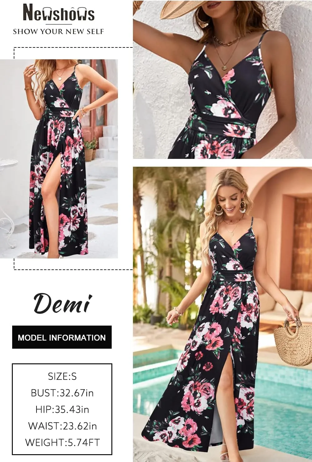Newshows Women Summer 2025 Maxi Dress Vacation Floral Spaghetti Strap Spring Casual Boho Split Beach Long Flowy Sundress